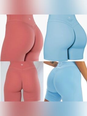 TomTiger Workout Tummy Control High Waist Ruched Biker Shorts Faded Rose/Blue S